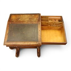 Victorian figured walnut Davenport, the fixed fall with drawer to the side enclosing writing compartment, green tooled leather writing inset, galleried back rail, right side fitted with four drawers behind a panel, opposing panelled side, raised on carved cabriole front supports with scroll terminals and platform base