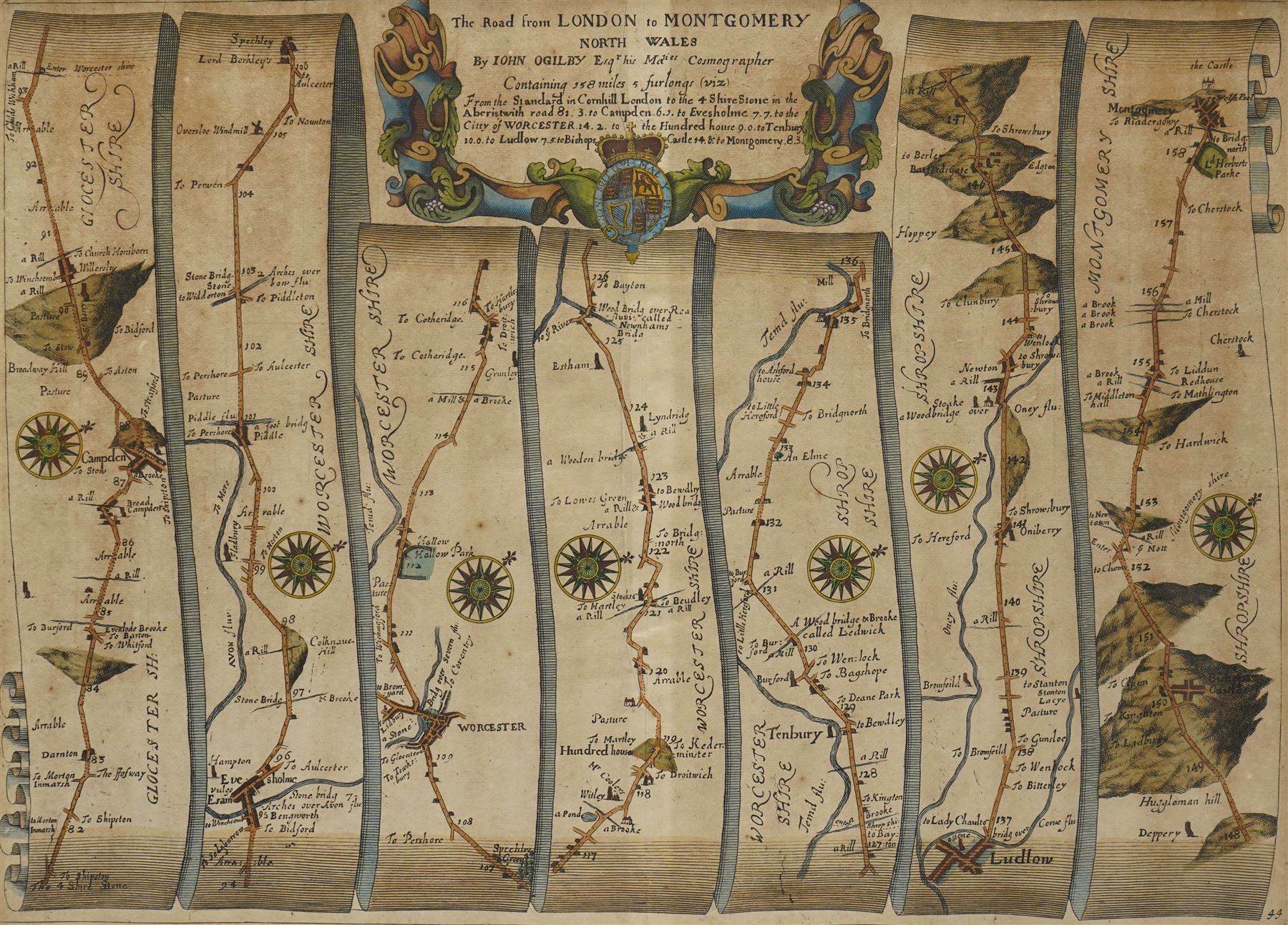 John Ogilby (British 1600-1676): 'The Road from London to Montgomery - North Wales', 17th century engraved strip map with hand-colouring 33cm x 46cm