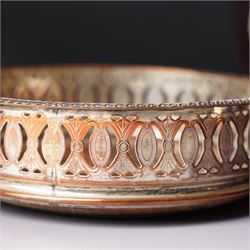 Set of four Edwardian pierced silver salts and matching mustard pot, all with blue glass liners Birmingham 1901 Maker William Devenport, cased, together with a pair of similar pepperettes 1900 Maker Walker & Hall, Georg Jensen sterling silver cauldron shape salt on ball feet, plated coaster, plated salt and silver topped jar