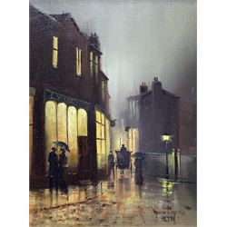 Barry Hilton (British 1941-): Edwardian Street Scene at Night, oil on canvas signed 40cm x 30cm