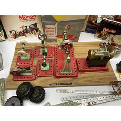 Mamod Minor 1 stationary live steam engine, line shaft, power hammer etc, attached to a wood board, with boxes and a quantity of Meccano 