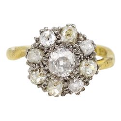18ct gold old cut diamond cluster ring stamped 18ct Plat, total diamond weight approx 1.10 carat