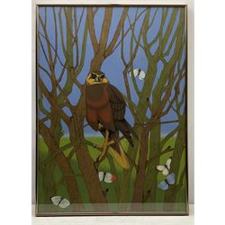 Yves Billet (Belgian 1934-1991): Surrealist Hawk and Butterflies, gouache signed 75cm x 53cm