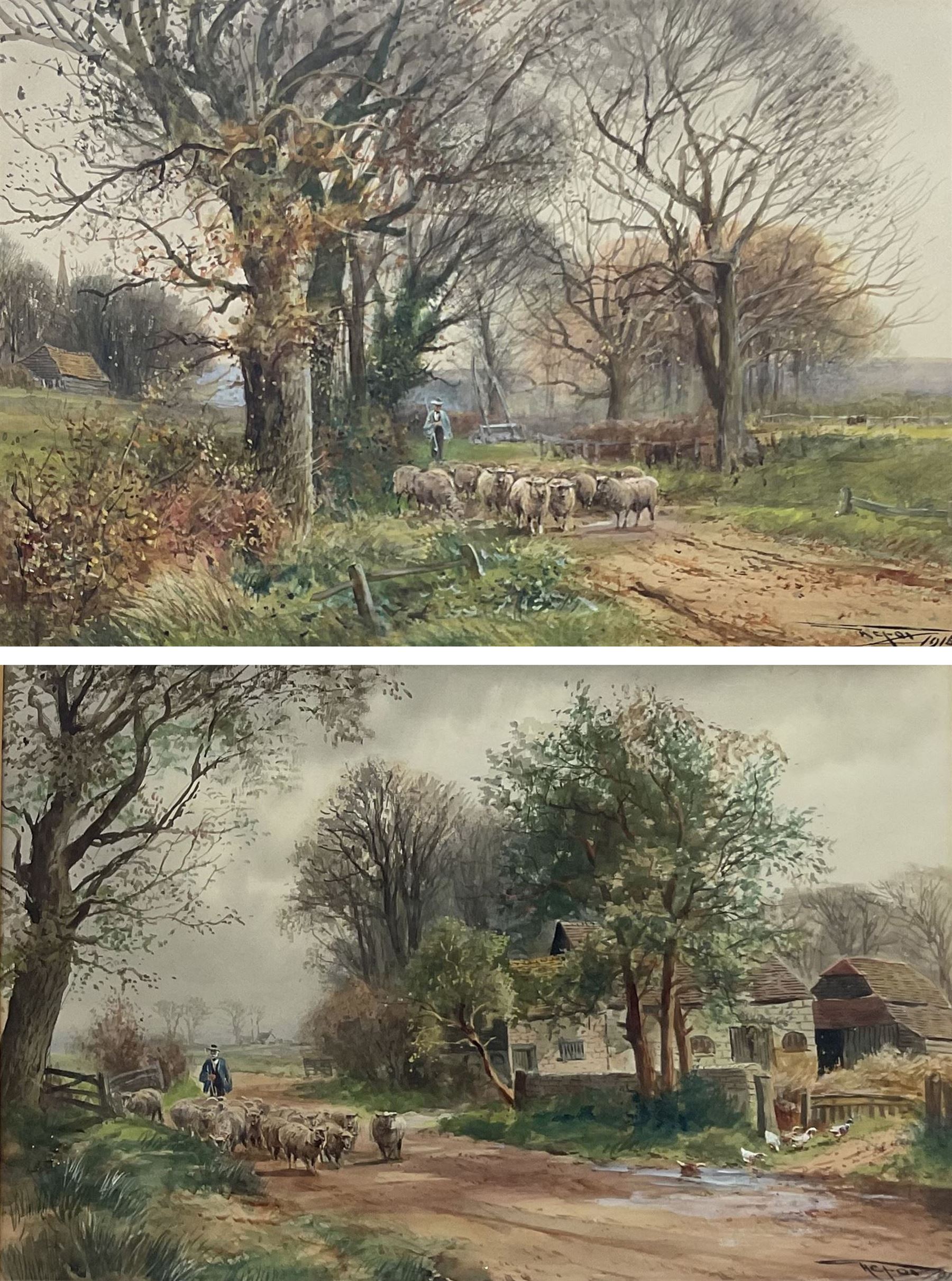 Henry Charles Fox RBA (British 1855-1929): Driving Sheep, pair watercolours with gouache signed and dated 1915, 36cm x 55cm (2)