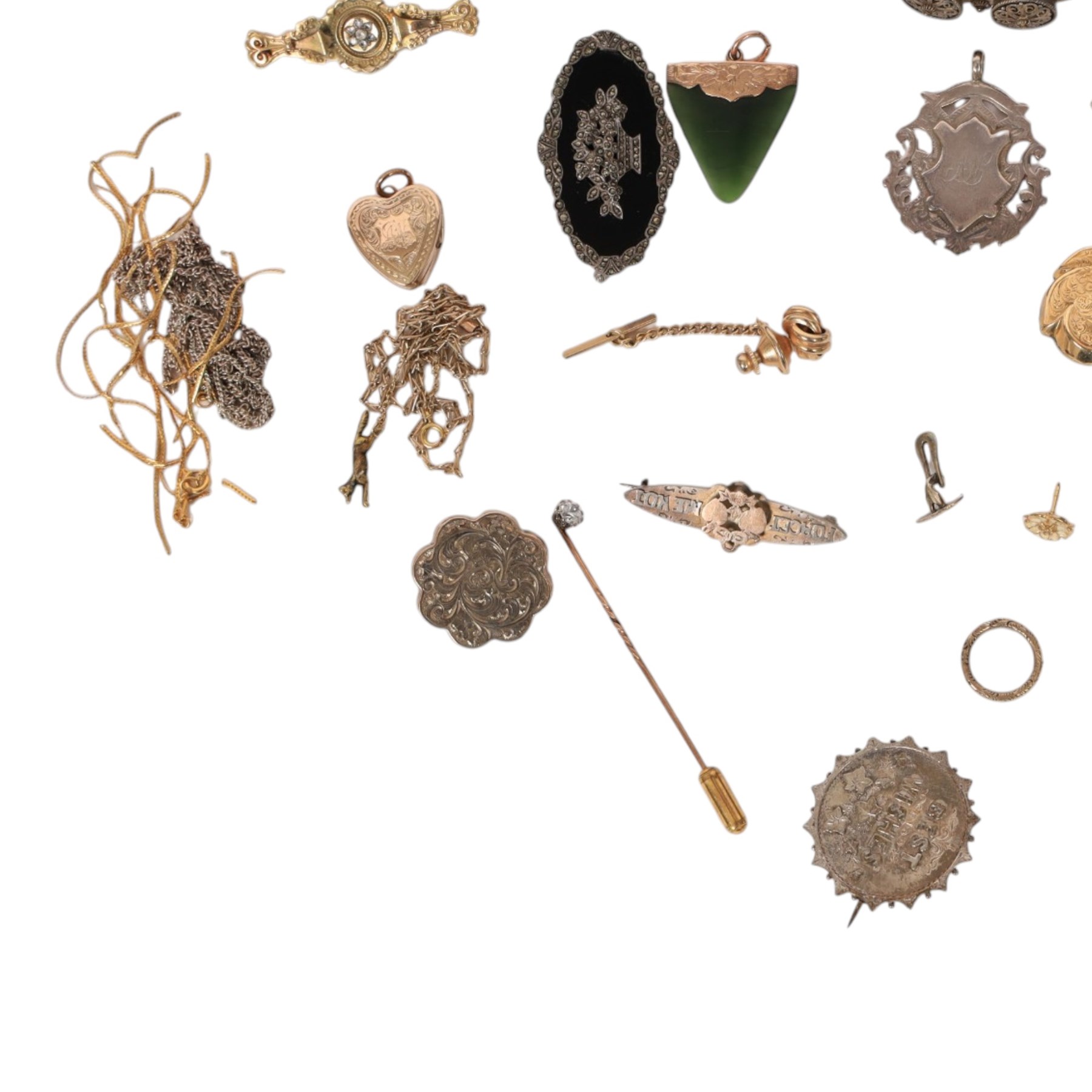15ct gold cameo brooch, 9ct gold jewellery including stone/paste set brooches, stick pin, hardstone pendant and single enamel rise earring, and a collection of silver and gold plated brooches and lockets