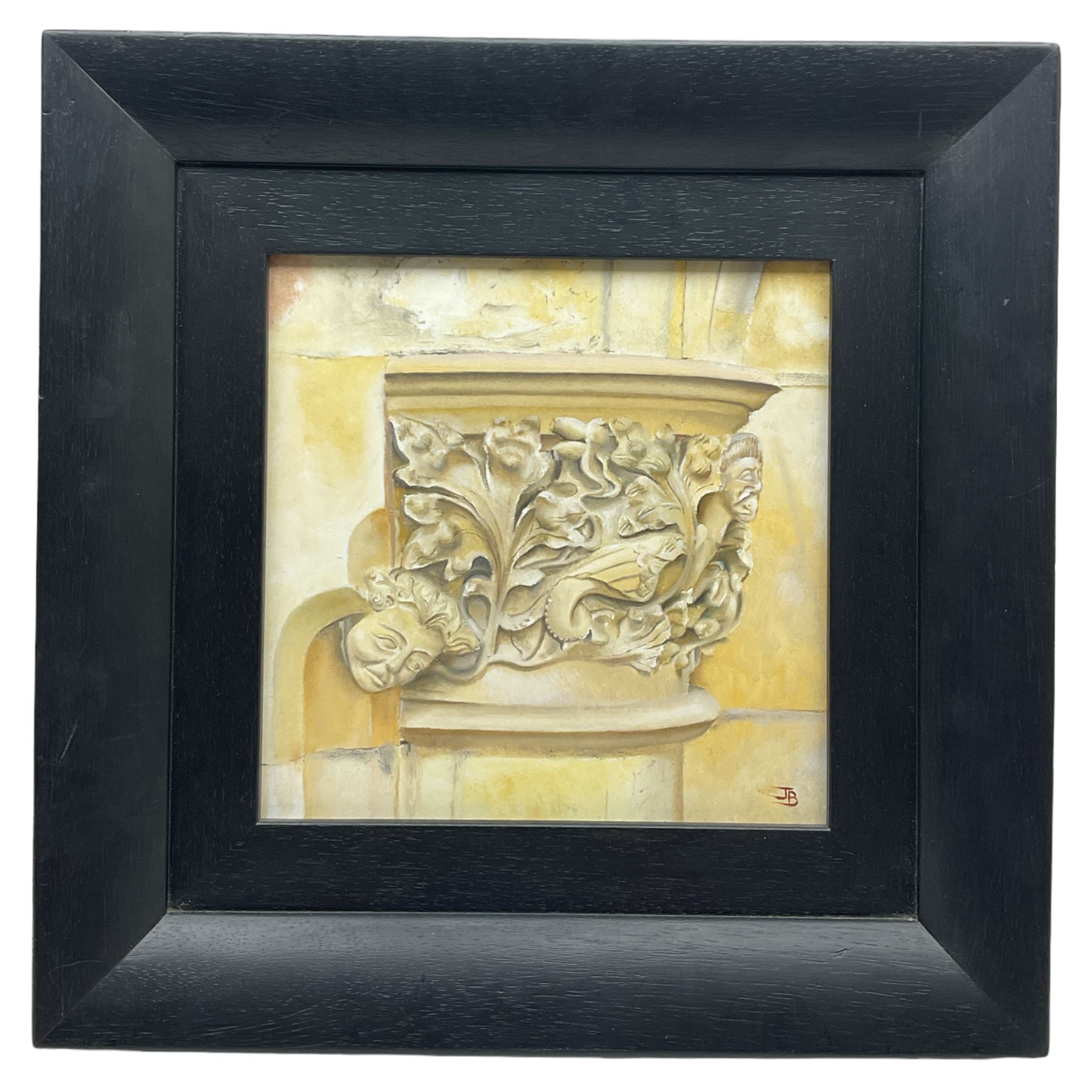 John Balman (British 1964-): Capital of Corinthian Column with Face detail in Beverley Minster, oil on panel signed with monogram 24cm x 24cm 
Notes: John studied architecture in Hull in the early 90's and pursued a career as an architect until 2014 when following illness he was forced to change his life direction completely. He is now a painter of still life and portraiture based in Beverley. His style is influenced by contemporary Dutch realism. His paintings invite a sense of calmness through the restrained subject matter and interplay of light and colour.