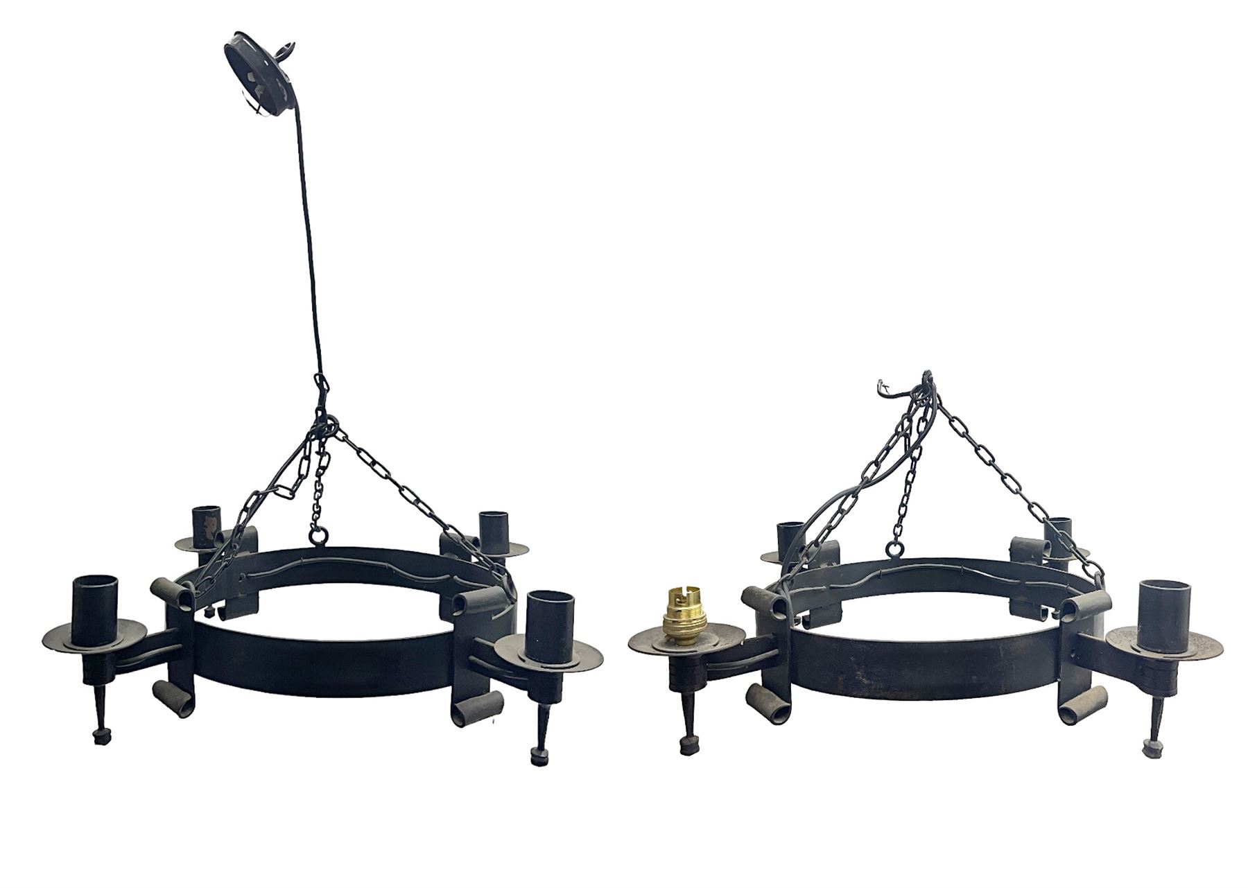 Pair of gothic style wrought iron ceiling lights, each with four branches, D58cm