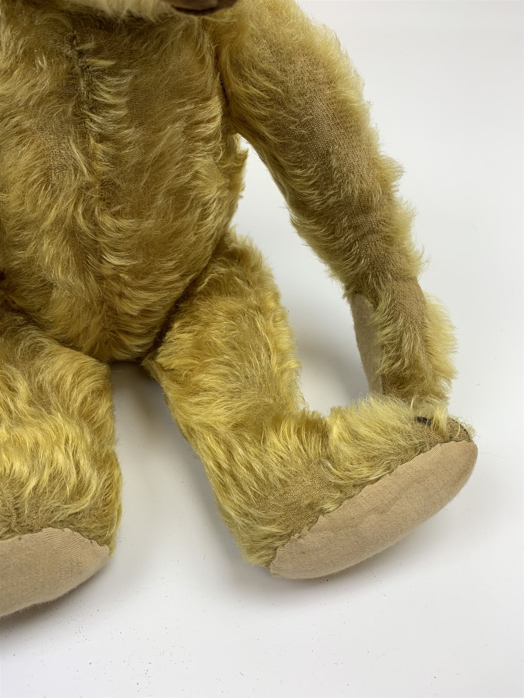 Early 20th century German teddy bear c1920, probably Steiff or Bing, with wood wool filled humped back golden mohair body, swivel jointed head with glass eyes and brown vertically stitched nose and mouth, jointed limbs with elongated arms and felt paw pads with black stitched claws H18