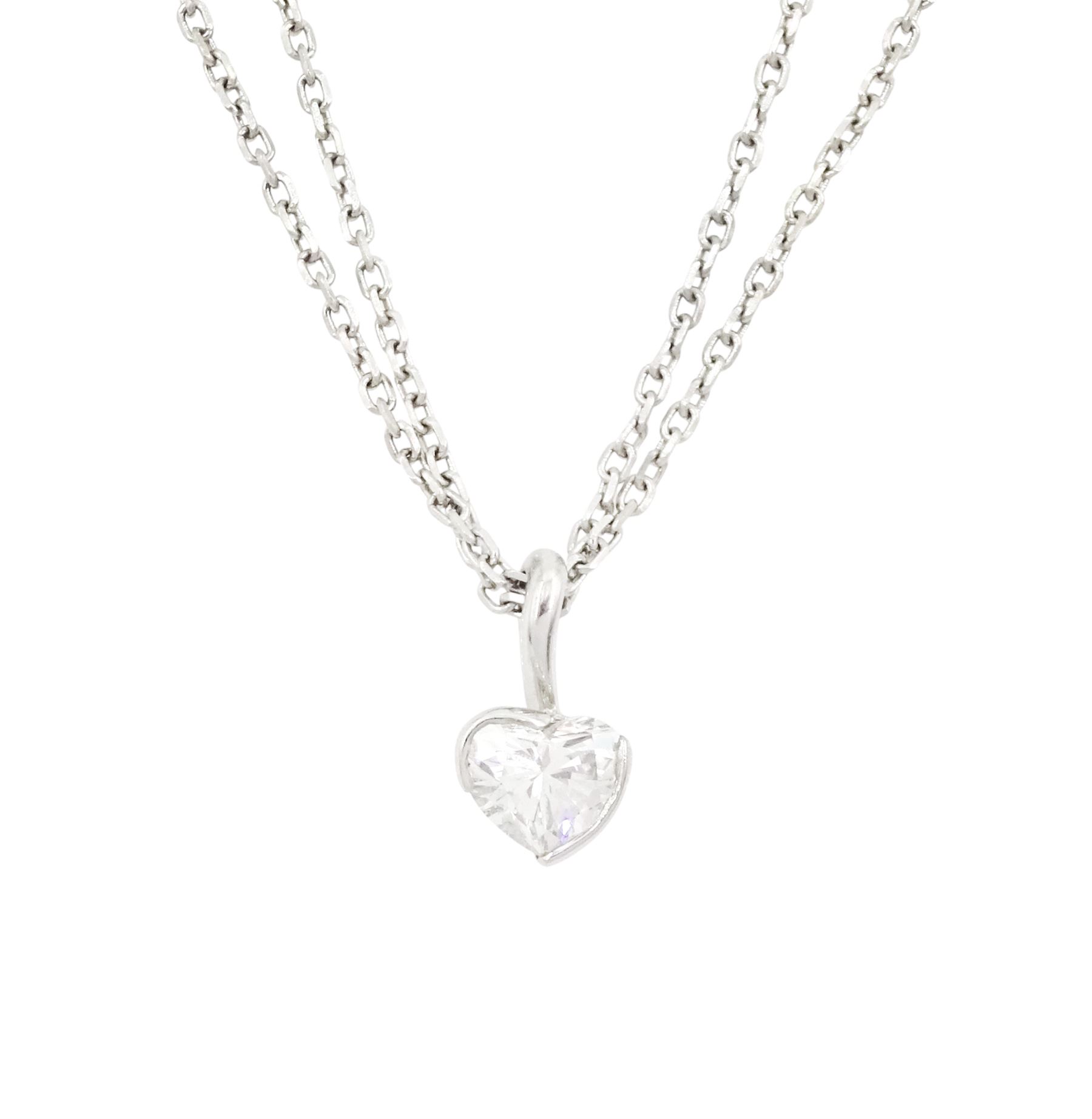 Boodles platinum diamond pendant necklace, single heart cut diamond of approx 0.40 carat, on a double trace link chain necklace, with an 18ct gold Boodles tag