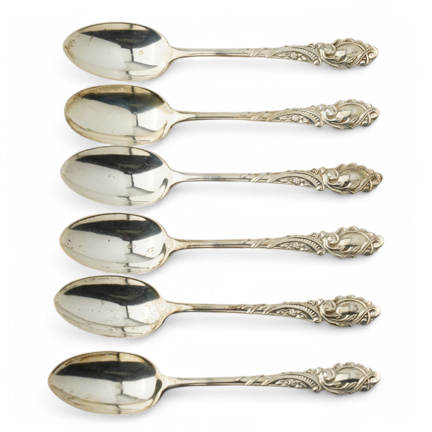 Set of six Edwardian silver coffee spoons London 1902 Maker Josiah Williams & Co, various other silver teaspoons, preserve spoons with mother of pearl handles, silver and mother of pearl fruit knife, early 19th century punch ladle, unmarked, etc
