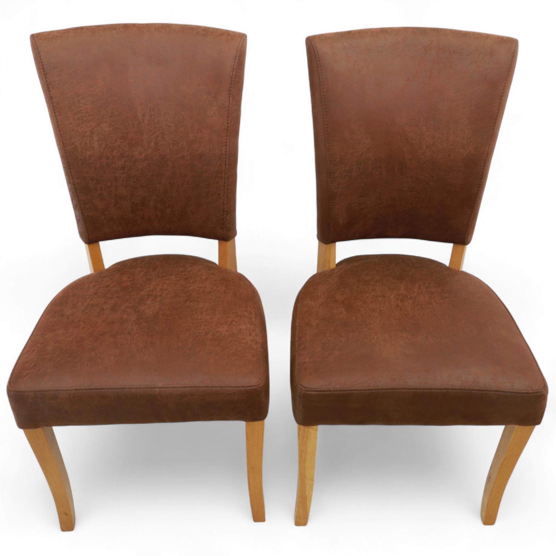 Contemporary oak dining suite, comprising rectangular table with solid top and square legs, together with four brown leather upholstered dining chairs with oak legs (5)