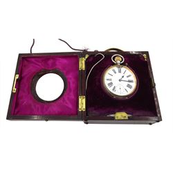 Early 20th century goliath keyless Swiss lever pocket watch by M M & Co, patent No. 10292, white enamel dial with Roman numerals and subsidiary seconds dial, case No. 3397176, in fitted inlaid mahogany case