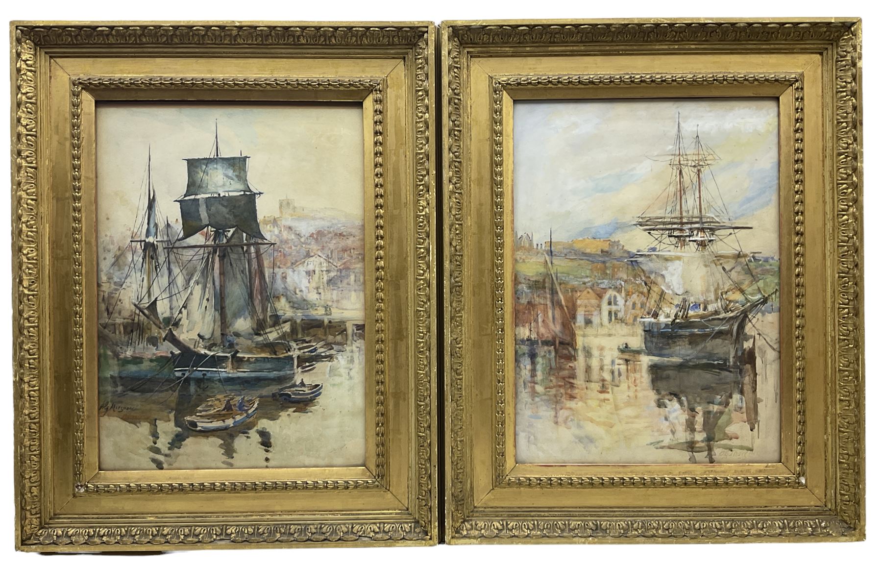 Alfred George Morgan (British 1848-1930): Whitby Harbour, pair watercolours signed 46cm x 33cm (2)