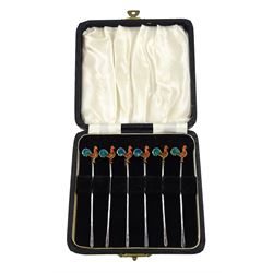 Set of six silver and enamel cockerel co