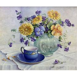 Trisha Hardwick (British 1949-2022): 'Summer Blue' - Still Life of Flowers with Cup of Tea, oil on canvas signed, titled and dated '93 verso 28cm x 34cm