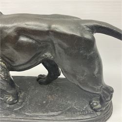 After Paul Edouard Delabrierre (French, 1829-1912), bronze, model of a lion, upon an oval base, signed E Delabrierre, overall H29.5cm, L46cm