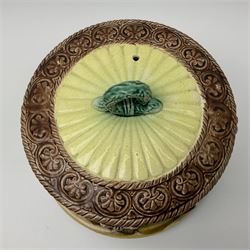 Majolica cheese dome and cover decorated with birds amongst foliage in relief on a blue ground 