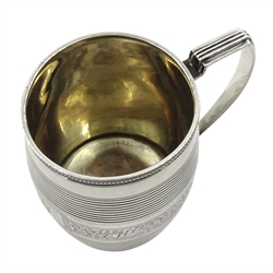 George III silver barrel shaped Christening mug, two reeded bands, engraved foliate design with cartouche, initialled 'RS' by Naphthali Hart, London 1813, approx 3.5oz