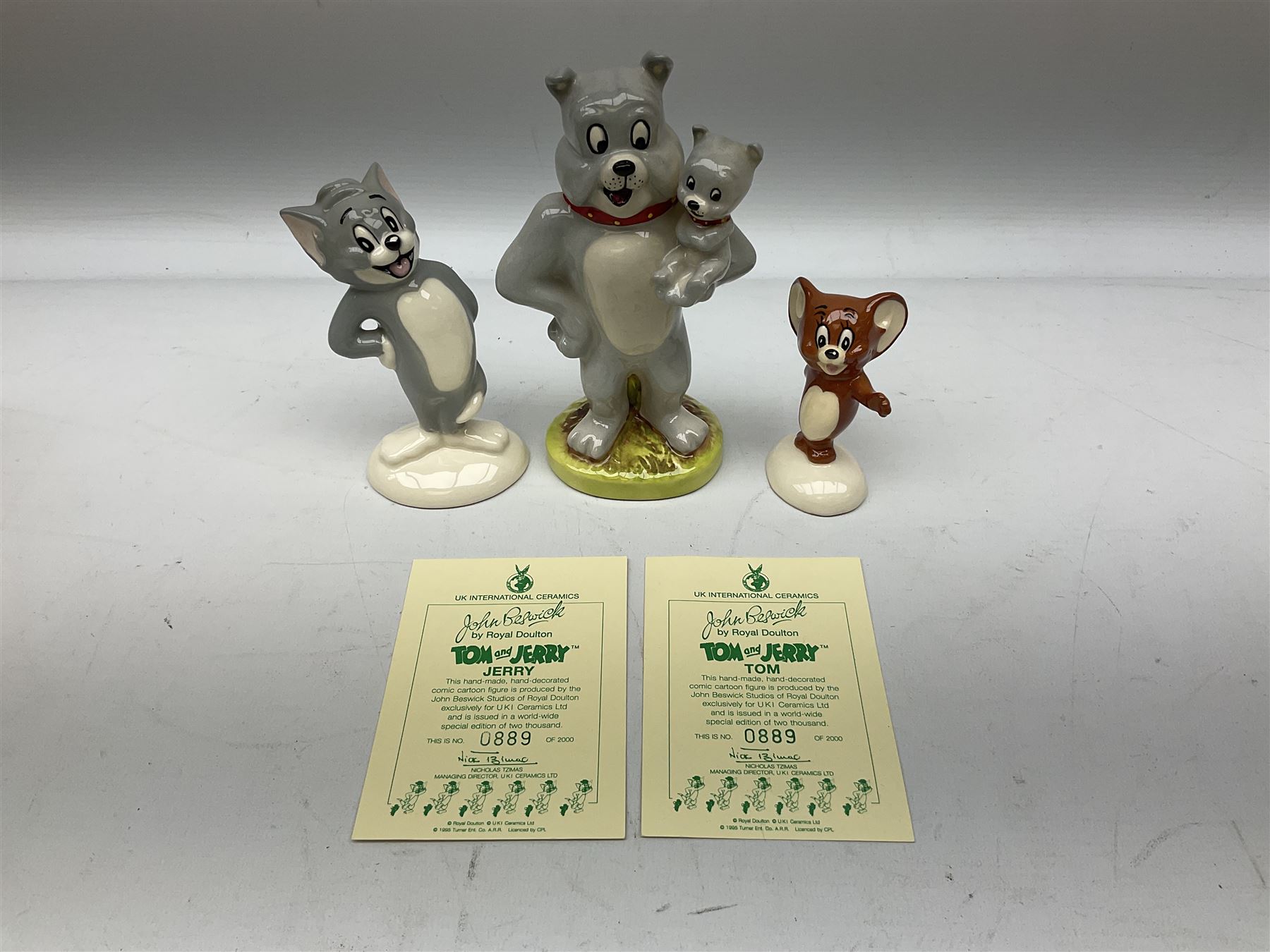 Collection of Beswick figures to include Beatrix Potter Squirrel Nutkin, Jemima Puddleduck, Spike and Tyke, Tom and Jerry, both boxed and with certificates, Chamois 1551 and Babycham 1615a (a/f) Beswick Ware Royal Douton Peter Rabbit and Benjamin Bunny, with certificate
(9)
