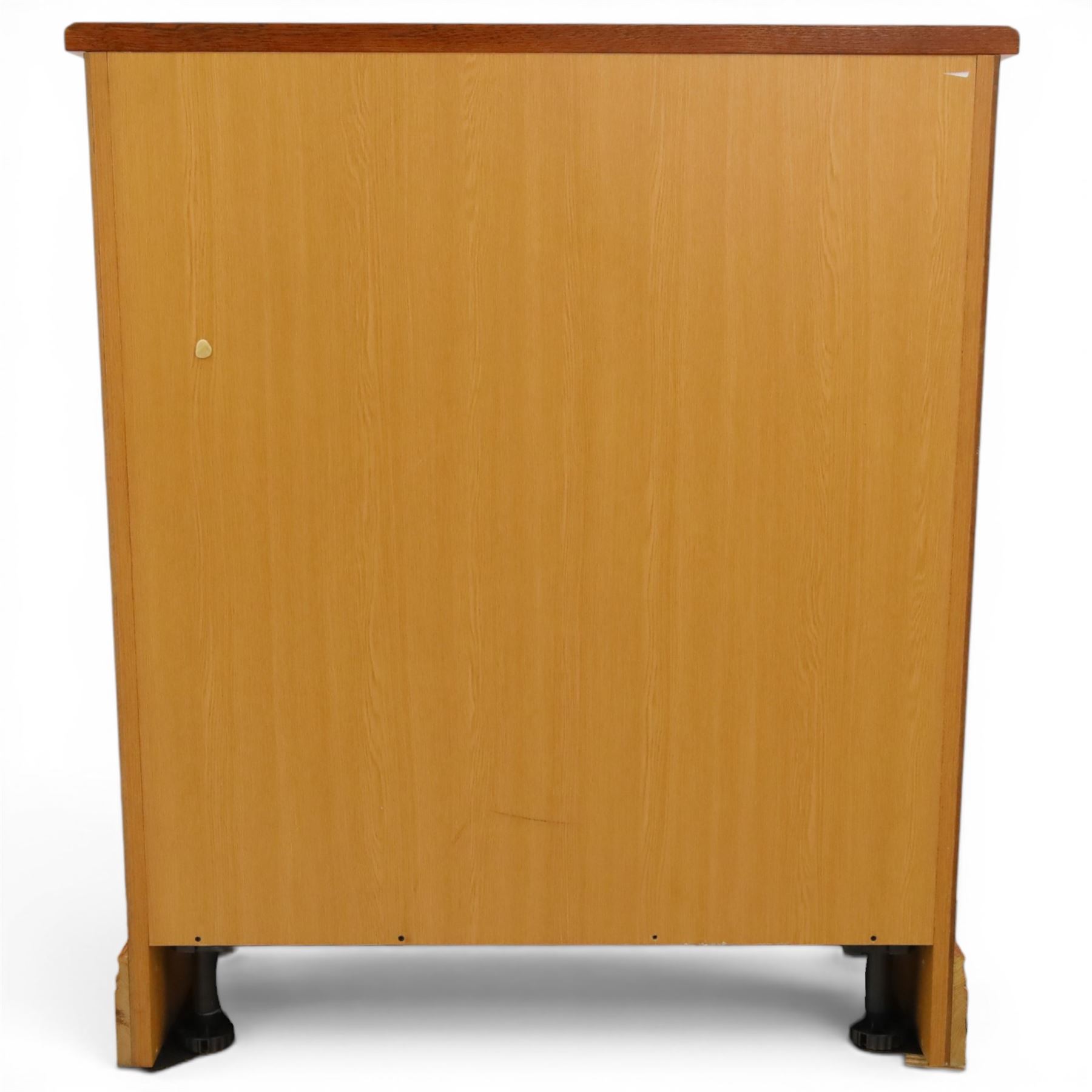 Cabinet-made oak chest, fitted with four soft-close drawers, brass swan neck handles and pierced backplates, on bracket feet