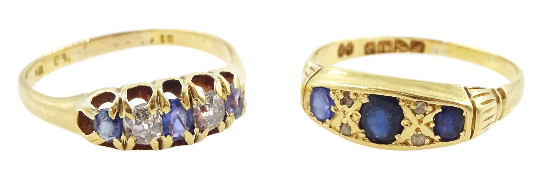 Early 20th century gold five stone sapphire and old cut diamond ring, total diamond weight approx 0.30 carat and one other sapphire and diamond chip ring, Chester 1915, both 18ct