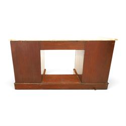 Victorian mahogany pedestal dressing table, shaped white marble top over central frieze drawer, flanked by two pedestal cupboards with four dummy drawer fronts and ornate brass handles, recessed kneehole with platform base, on plinth supports