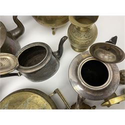 Collection of brassware, to include, kettles, jugs, owl figures etc