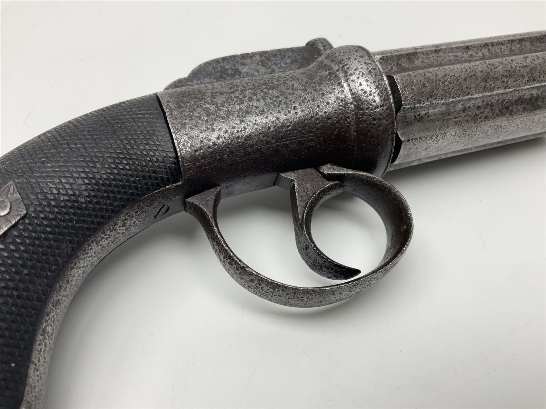 19th century percussion six-shot pepperbox revolver, approximately 32 calibre with 7.5cm barrels, L21cm overall