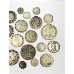 Approximately 260 grams of pre 1920 Great British silver coins including George IIII 1821 crown, Queen Victoria 1887 double florin, 1891 crown, King Edward VII 1902 crown etc