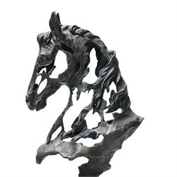 Stylised horse head, bronze, signed Gadi and bearing foundry mark, upon black stone square plinth, overall H41cm