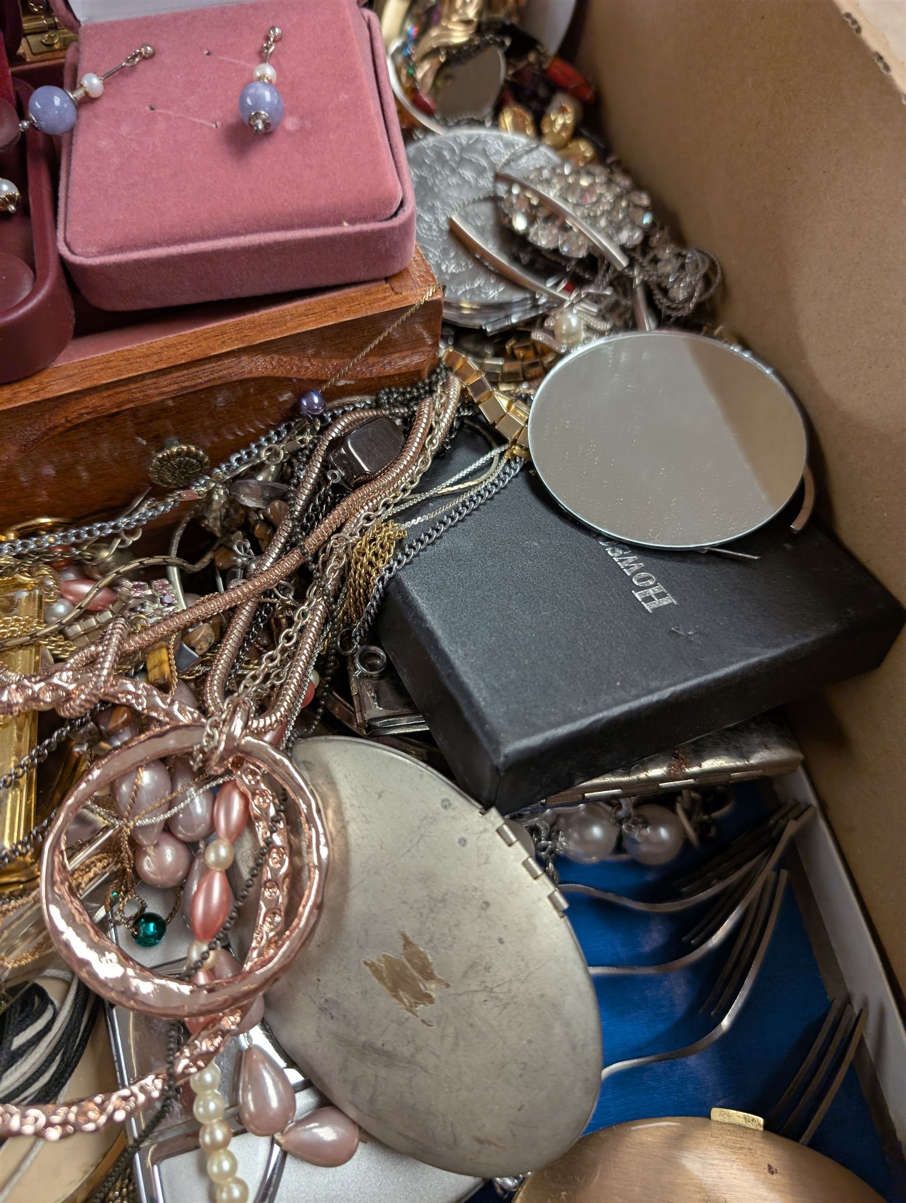 Silver earrings, including three boxed pairs, costume jewellery, compact mirrors and three jewellery boxes