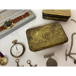 Elgin pocket watch, coin bracelet, silver Albert chain, Alfex watch, WWI Christmas tin and three WWII medals including two stars