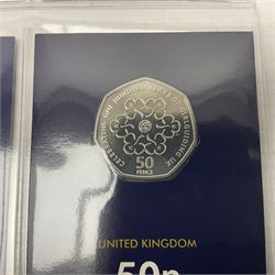 Queen Elizabeth II '50th Anniversary of the 50p 1969-2019' set of five fifty pence coins including 2019 Kew Gardens re-issue, each housed on Change Checker card