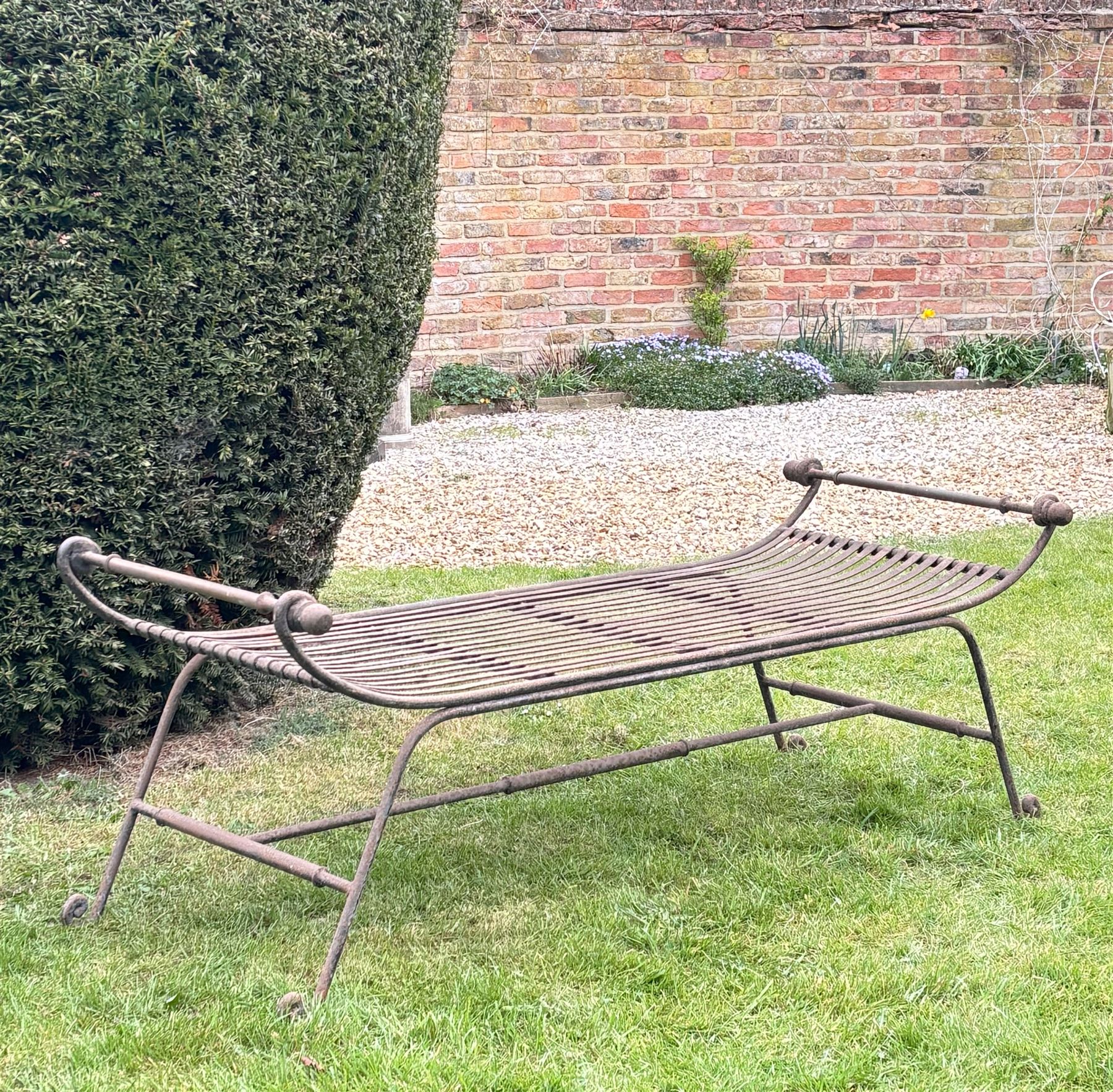 Large scrolling wrought iron garden bench in the classical style. L178cm, D70cm, H60cm.  - COLLECTION BY APPOINTMENT FROM: The White House, Thirsk Road, Easingwold, York, YO61 3NF - CALL 01723 507111 TO ARRANGE
