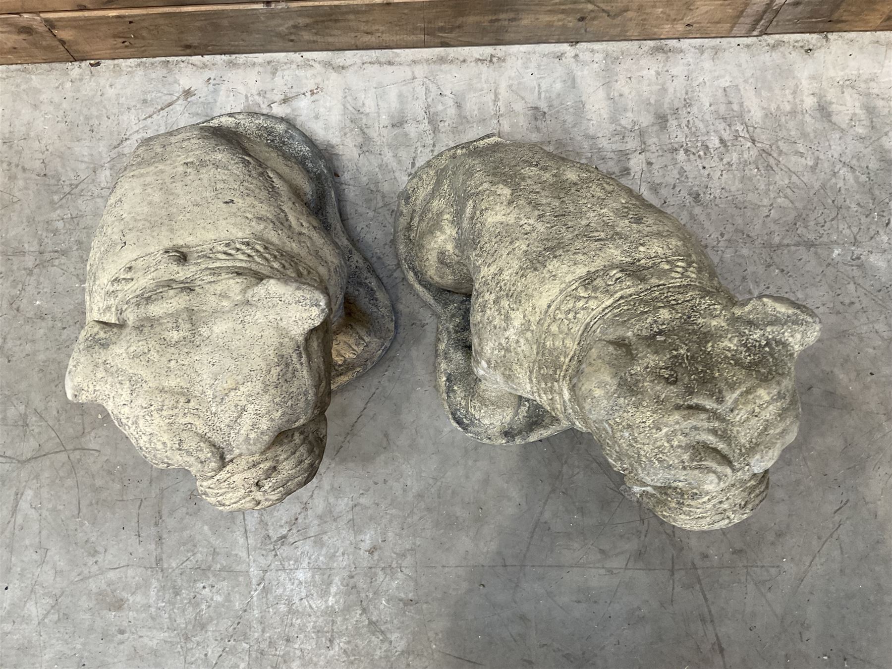 Pair of cast stone garden British bulldogs, on shaped plinths