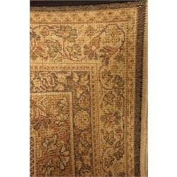  Persian Kashan design carpet, olive green ground, interlaced field with shaped medallion decorated with flowers and foliage, 360cm x 275cm  