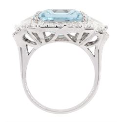 18ct white gold octagonal mixed cut aquamarine, round brilliant and pear cut diamond ring, stamped, 750, aquamarine 8.60 carat, total diamond weight 1.24 carat, with World Gemological Institute report