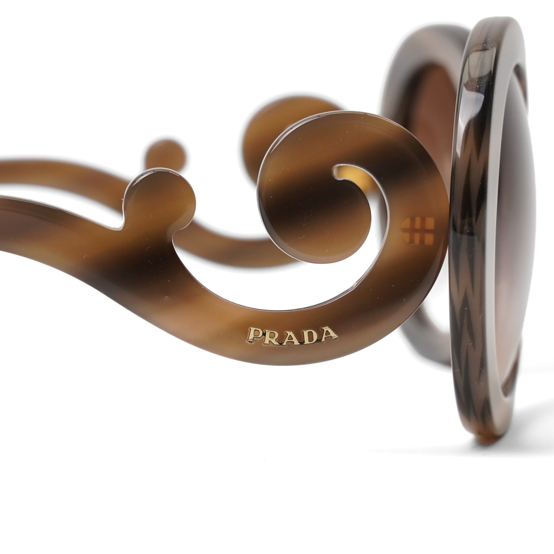 Prada - ‘Minimal Baroque’ oversized round sunglasses in smoky grey acetate, with graduated lenses and distinctive scroll-form temples, with gold-tone PRADA lettering to arm, in hard case