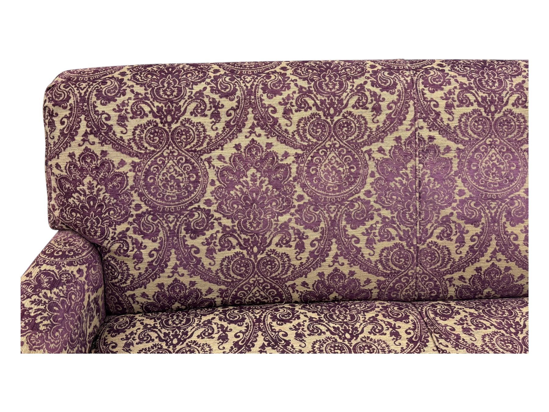 Multi-York - contemporary two-seat sofa, upholstered in damask fabric in shades of burgundy and beige, raised on turned and fluted supports; complete with matching footstool