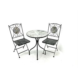 Garden Bistro tile table (D60cm) and two chairs in black finish (W39cm)