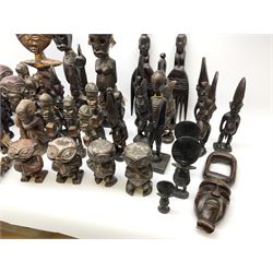 African carved wood figures, various forms and sizes including some with rope decoration, in two boxes
