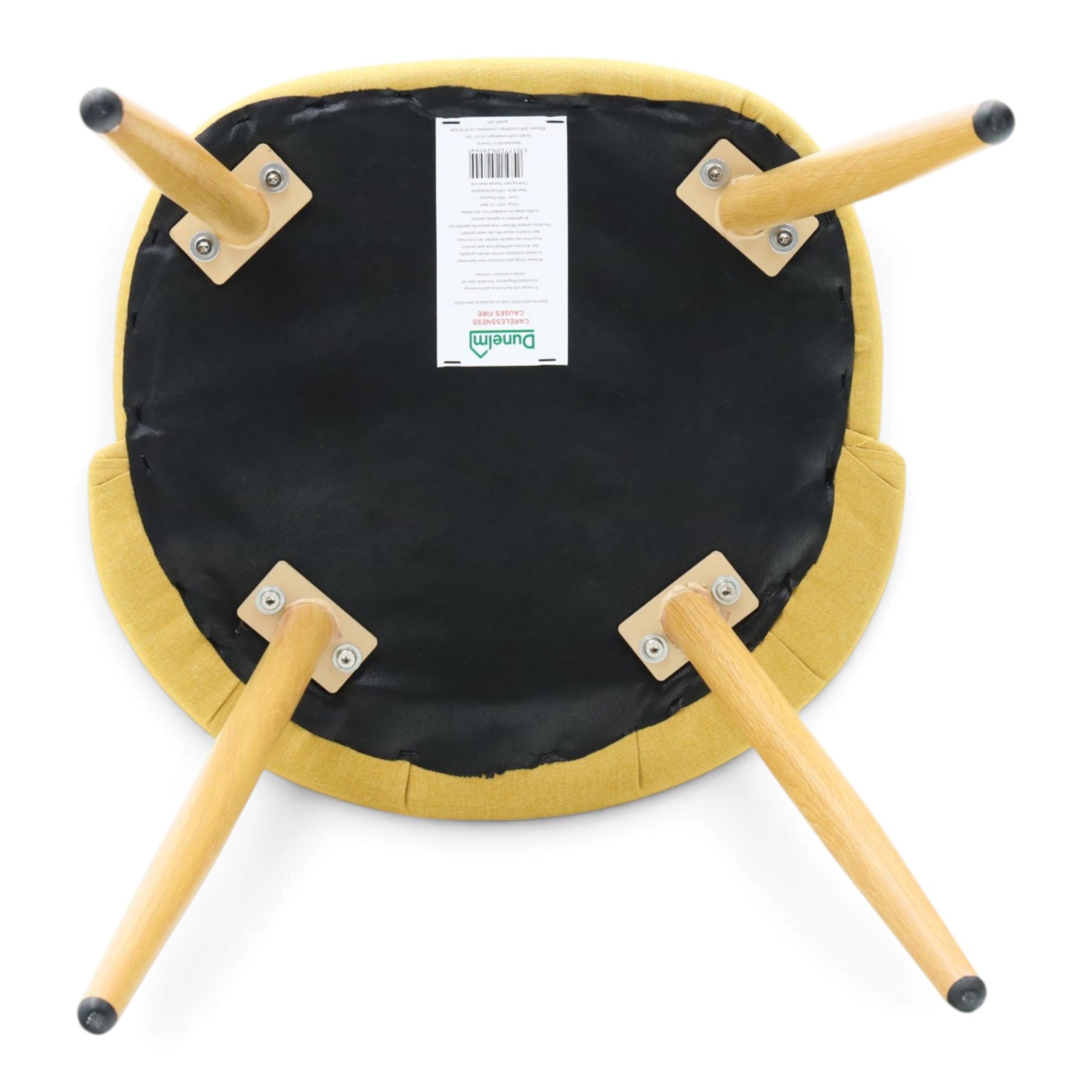 Set of four contemporary yellow upholstered dining chairs, with wrap around back with quilted stitching, padded seat raised on light oak tapering supports 