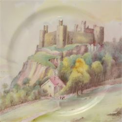 Four Minton hand painted castle plates by J Shaw, depicting 'Harlech Castle - Merionethshire' 'Stirling Castle - Sterlingshire' 'Caernarvon Castle - Caernarvonshire' and 'Arundel Castle - Sussex', with printed marks to base, D27cm (4)