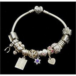 Pandora Moments heart clasp silver bracelet, with thirteen silver Pandora charms