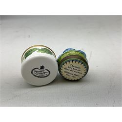 Two Halcyon Days enamel bonbonnieres modelled as mice, I am a magical mouse, and ''Consider the little mouse, how sagacious an animal it is...' Roman Playwright', together with three Halcyon Days enamel boxes, modelled as a bee upon a flower, a ladybird upon a leaf, and a strawberry, each in fitted box, (5)