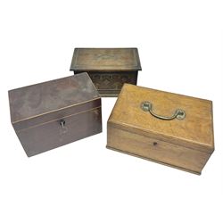 Three stationary boxes, including one oak box with removable tray, key and brass handle to lid, tallest H12cm