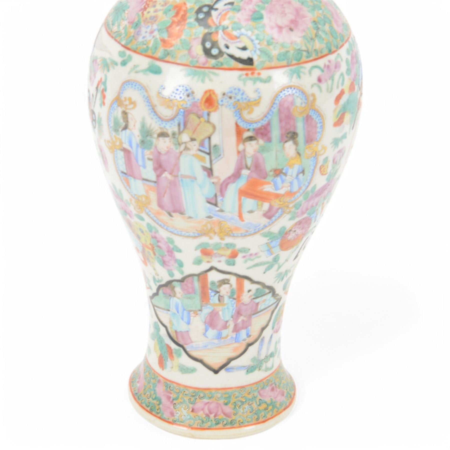 Chinese Famille Rose vase, decorated in polychrome enamels with figural panels of temple scenes, with borders of dragons and butterflies, H25cm