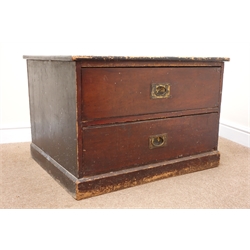  Early 20th century painted pine campaign style chest, two drawers, platform base (W83cm, H56cm, D68cm) and a painted pine cupboard, single door enclosing fitted shelves (W53cm, H155cm, D38cm) (2)  