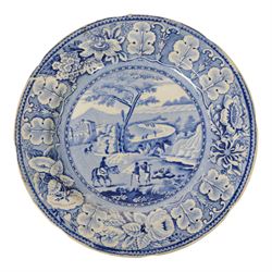 Collection of ten blue and white transfer plates, including two in Italian pattern with floral boarder, together with Willow pattern 