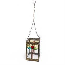 Edwardian metal framed hanging hall lantern, of rectangular form, with leaded stained and clear glass panels, H32cm excluding fittings 